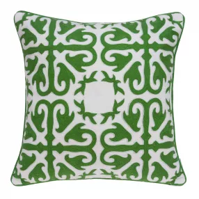 White accent pillow cover with poly insert featuring aqua patterns and circle designs