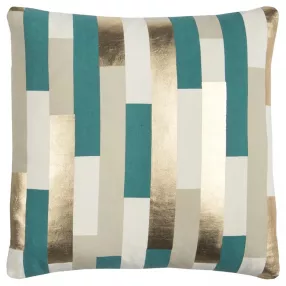 Teal and gold metallic stripe throw pillow with aqua accents and textured lines