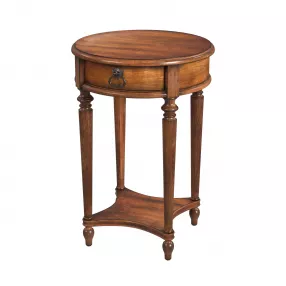 26" Antique Cherry Solid And Manufactured Wood Round End Table With Drawer And Shelf