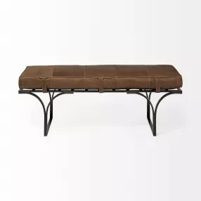 55" Brown and Black Upholstered Genuine Leather Bench