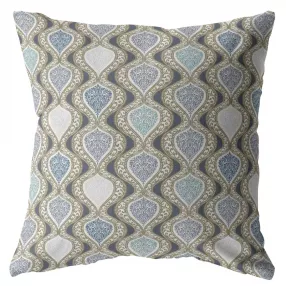 Gray ogee pattern suede decorative throw pillow on azure background