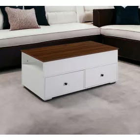 46" White And Walnut Lift Top Coffee Table With Two Drawers And Shelf