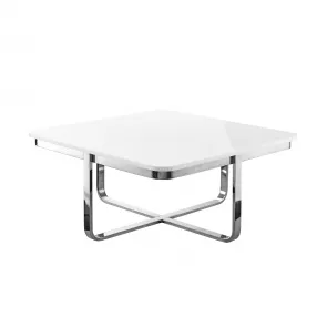 35" White And Silver Metallic Stainless Steel Square Coffee Table