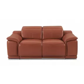 72" Camel And Silver Italian Leather Power Reclining Love Seat
