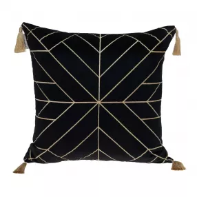 Gold geo velvet throw pillow with tassels and elegant pattern