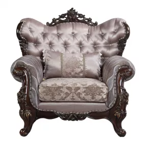 46" Light Gray Fabric And Antique Oak Floral Tufted Arm Chair