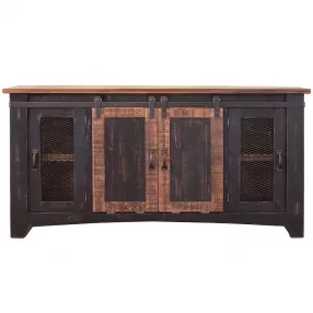 60" Black Solid Wood Cabinet Enclosed Storage Distressed TV Stand