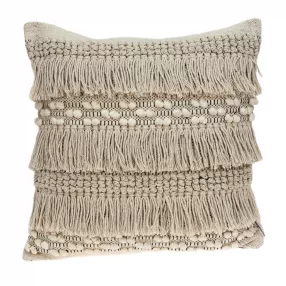 Beige woolen throw pillow with a rectangle pattern and soft texture