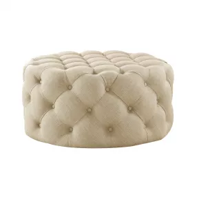 33" Beige Linen And Black Rolling Tufted Round Cocktail Ottoman