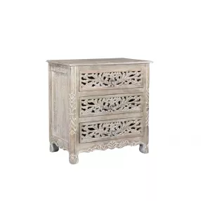 30" Distressed Gray Three Drawer Floral Carved Solid Wood Nightstand