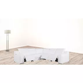 White Italian Leather Power Reclining Curved Five Piece Corner Sectional
