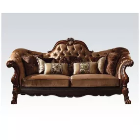 73" Dark Brown And Brown Velvet Chesterfield Loveseat and Toss Pillows