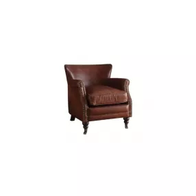 24" Vintage Dark Brown Top Grain Leather And Brown Solid Color Wingback Chair
