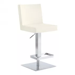 24" White And Silver Faux Leather And Iron Swivel Adjustable Height Bar Chair