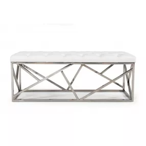 48" White and Silver Upholstered Faux Leather Bench