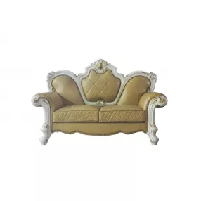 70" Butterscotch And Pearl Faux Leather Loveseat and Toss Pillows