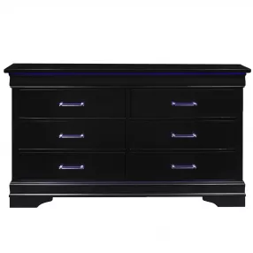 59" Black Solid Wood Six Drawer Double Dresser with LED