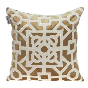 Beige gold lattice velvet throw pillow with intricate pattern design