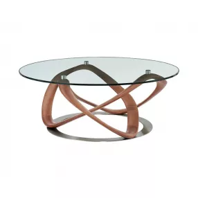 39" Walnut And Clear Glass Abstract Round Coffee Table