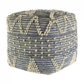 Blue Denim And Ivory Square Pouf With Cotton Stitched