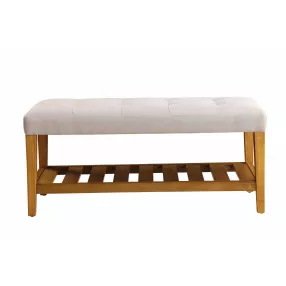 Gray brown upholstered polyester bench with shelves and hardwood details