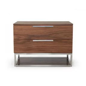 Contemporary Walnut and Stainless Steel Nightstand with Two Drawers