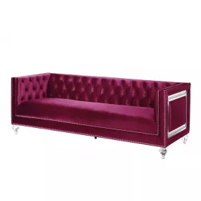 89" Burgundy And Clear Velvet Sofa And Toss Pillows