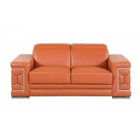 71" Camel And Silver Genuine Leather Love Seat