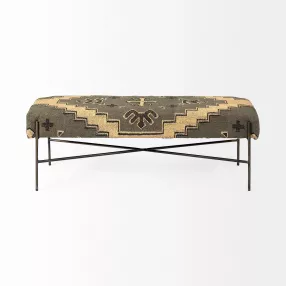 55" Green and Brown and Black Upholstered Cotton Blend Abstract Bench