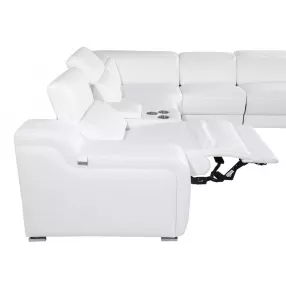 White Italian Leather Power Reclining Curved Seven Piece Corner Sectional With Console