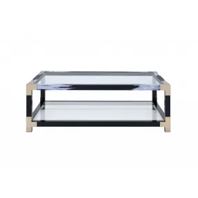 54" Clear And Black and Gold Glass And Iron Coffee Table With Shelf