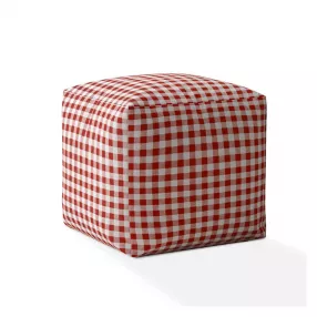 17" Red And White Cotton Gingham Pouf Cover