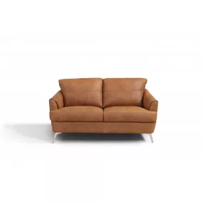 59" Camel Leather And Black Love Seat