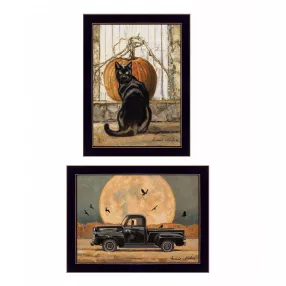 Set Of Two Harvest Moon With A Black Cat And Truck 3 Black Framed Print Wall Art