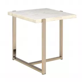24" Brass And White Faux Marble End Table