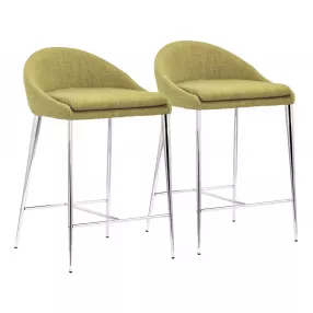 Set of Two 24" Green And Silver Steel Low Back Counter Height Bar Chairs