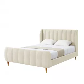 Beige Solid Wood Queen Tufted Upholstered Velvet Bed