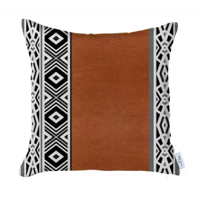 Brown faux leather geometric throw pillow on couch with wood accents