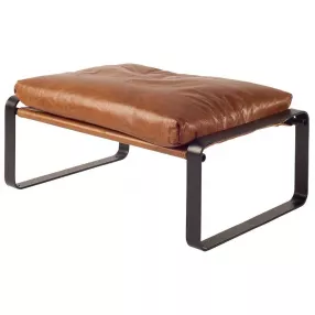 Brown faux leather ottoman with comfortable hardwood rectangle design for home decor