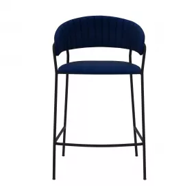 26" Blue And Black Faux Leather And Iron Low Back Counter Height Bar Chair