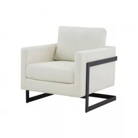 Stylish cream black fabric accent chair with armrests and wooden legs in a studio setting