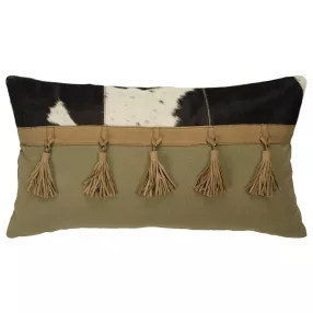 Brown tassel embellished throw pillow with beige shades and decorative linen texture