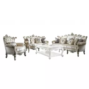 61" Ivory And Silver Polyester Blend Damask Chesterfield Loveseat