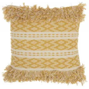Mustard ivory textured woolen throw pillow with woven fabric pattern