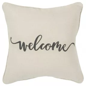 Gray cream welcome decorative throw pillow with elegant font on beige comfortable linen