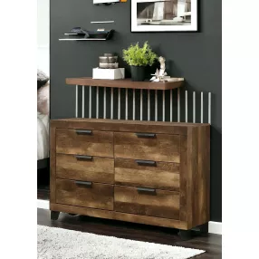 57" Dark Brown Solid and Manufactured Wood Six Drawer Double Dresser