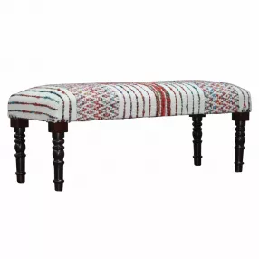 47" Ivory Red and Pink Black Leg Chevron Stripe Upholstered Bench