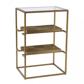 24" Brass Glass And Iron Rectangular End Table With Two Shelves