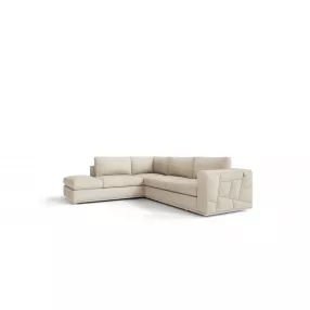 Beige leather reclining L-shaped corner sectional sofa with comfort and wood accents
