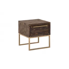18" Antiqued Brass And Brown Reclaimed Wood End Table With Drawer